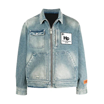 HERON PRESTON Blue Logo Patch Zip Washed Denim Jacket HMEA052R21DEN0014000
