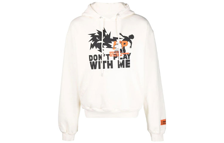 Heron Preston FW21 Cartoon Graphic White Hoodie Pullover with Drawstrings HMBB017F21JER0080410