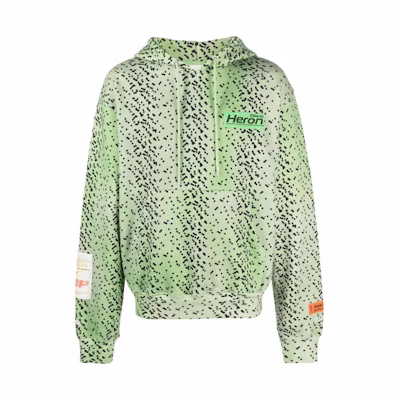 Heron Preston FW21 Logo Print Patchwork Drawstring Hoodie Green () HMBB017F21JER0055555