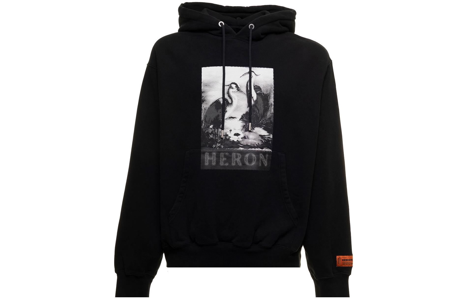 HERON PRESTON FW22  Black Logo Print Drawstring Hoodie. HMBB024F22JER0121010