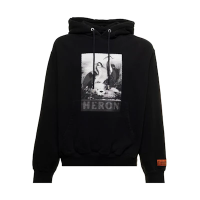 HERON PRESTON FW22 Black Logo Print Drawstring Hoodie. HMBB024F22JER0121010