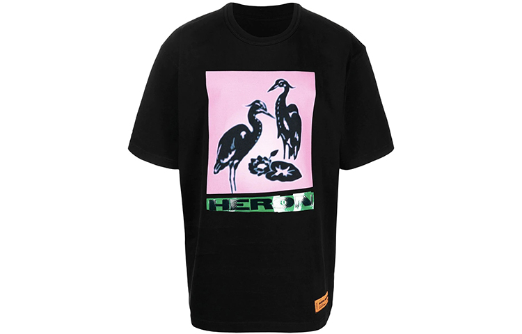 HERON PRESTON SS21 Black Pink Crane Print Crewneck T-Shirt HMAA020R21JER0031030
