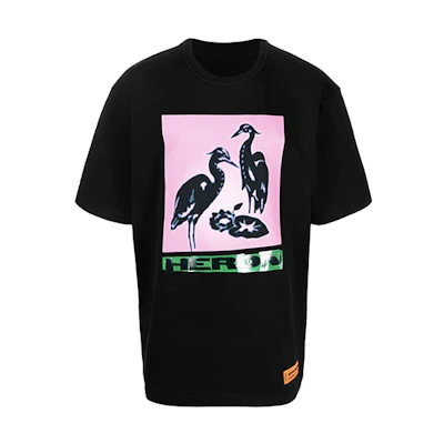 HERON PRESTON SS21 Black Pink Crane Print Crewneck T-Shirt HMAA020R21JER0031030