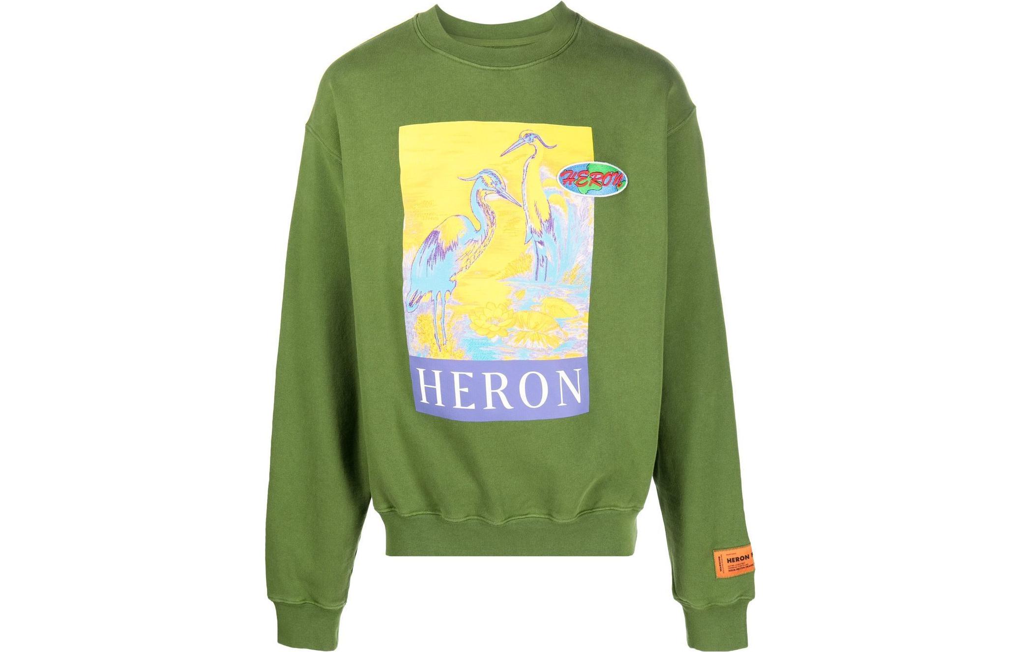 Heron Preston SS22 Olive Green Logo Graphic Crewneck Long Sleeve Sweatshirt Mens HMBA016S22JER0025518