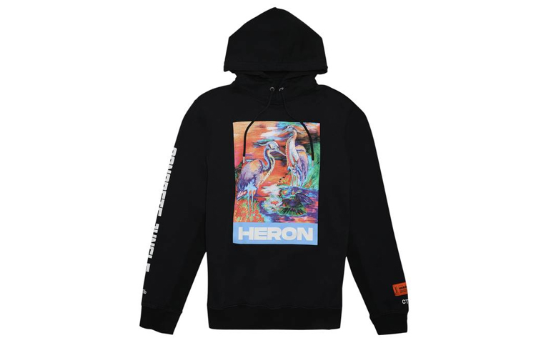 Heron Preston Watercolor Crane Hoodie Black Long Sleeve Pullover HMBB007S208960211088