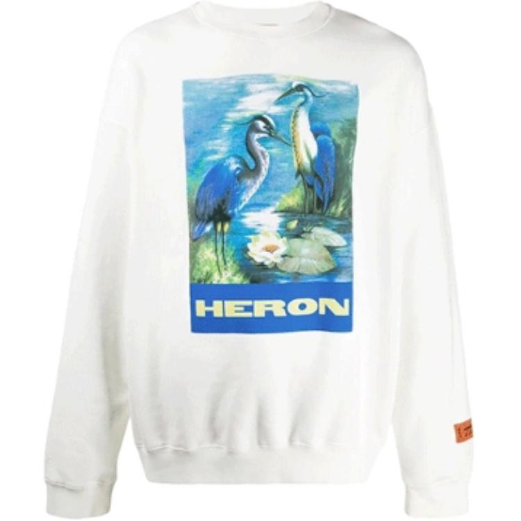 Heron Preston White Fleece Pullover Hoodie with Crane Print Unisex HMBA003F198080010288