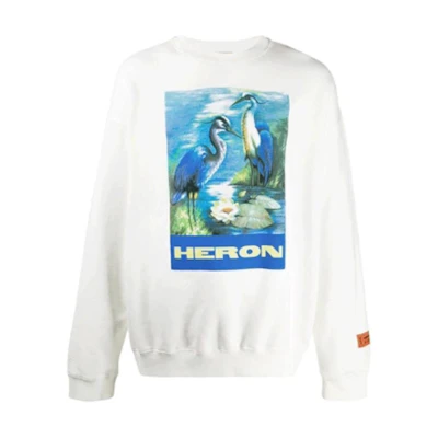 Heron Preston White Fleece Pullover Hoodie with Crane Print Unisex HMBA003F198080010288