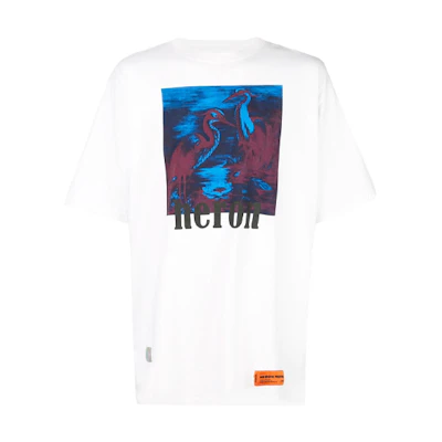 HERON PRESTON White T-Shirt with Crane Graphic Print. HMAA001S196320380188
