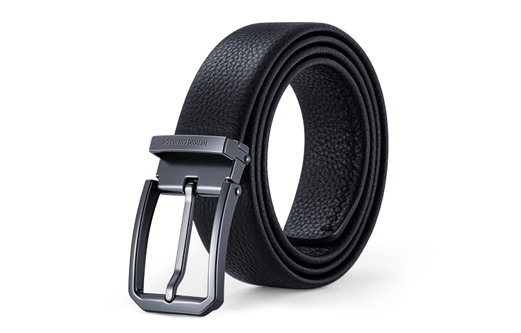 HLA Black Litchi Grain Leather Belt, Matte Buckle, 3.4cm Wide. HXAYDM0ACXM741