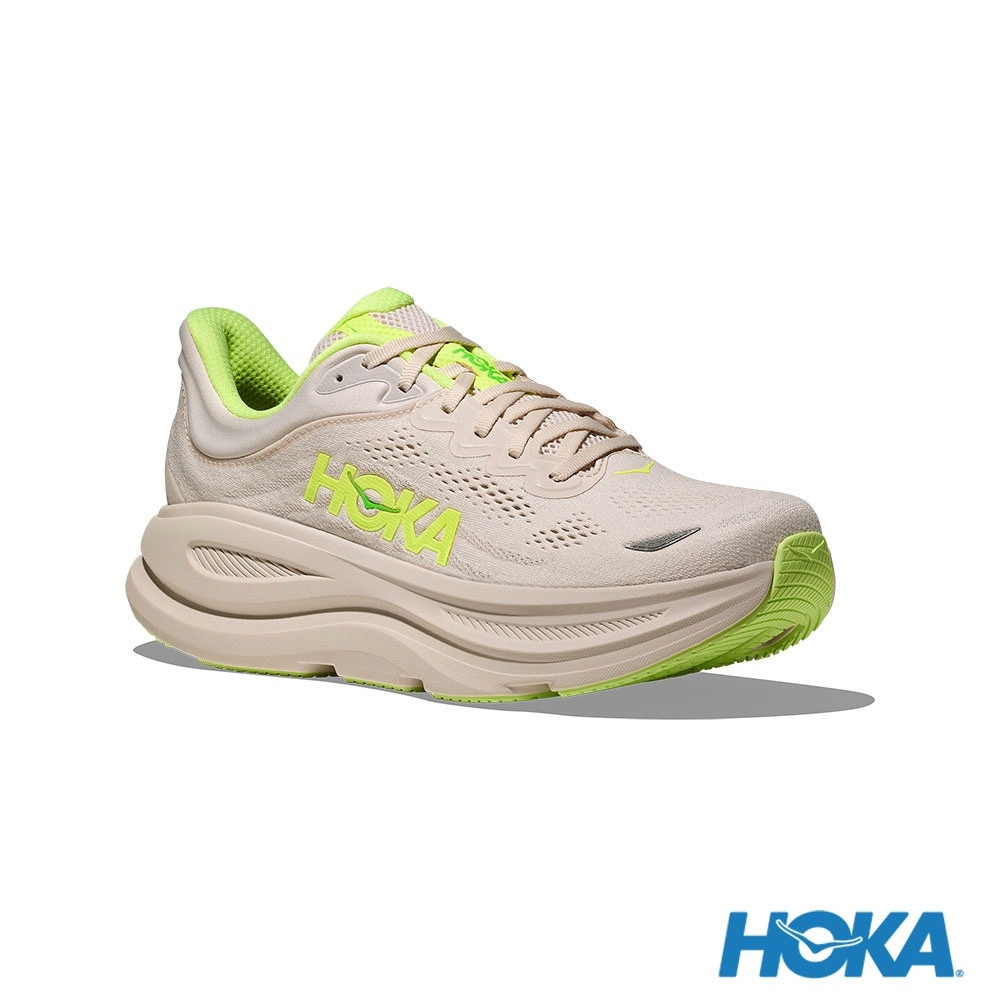 HOKA Bondi 9 Wide  Running Shoes Taupe Gray/Neon Yellow. HO1162013GYZ