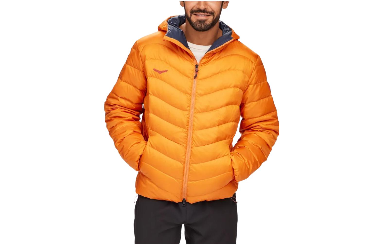 HOKA ONE ONE Outseeker Logo Jacket - Solid Amber Hooded Down Coat. 1141753-ARH