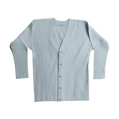 Homme Plissé Issey Miyake Light Grey V-Neck Button Knitted Cardigan. HP46JL181