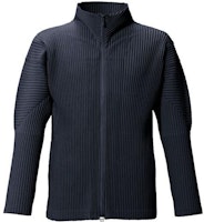 Homme Plissé Issey Miyake Blue Pleated Zip-Up Knit Sweater for Men. HP55JL140-75 Homme Plissé Issey Miyake Blue Pleated Zip-Up Knit Sweater for Men. HP55JL140-75
