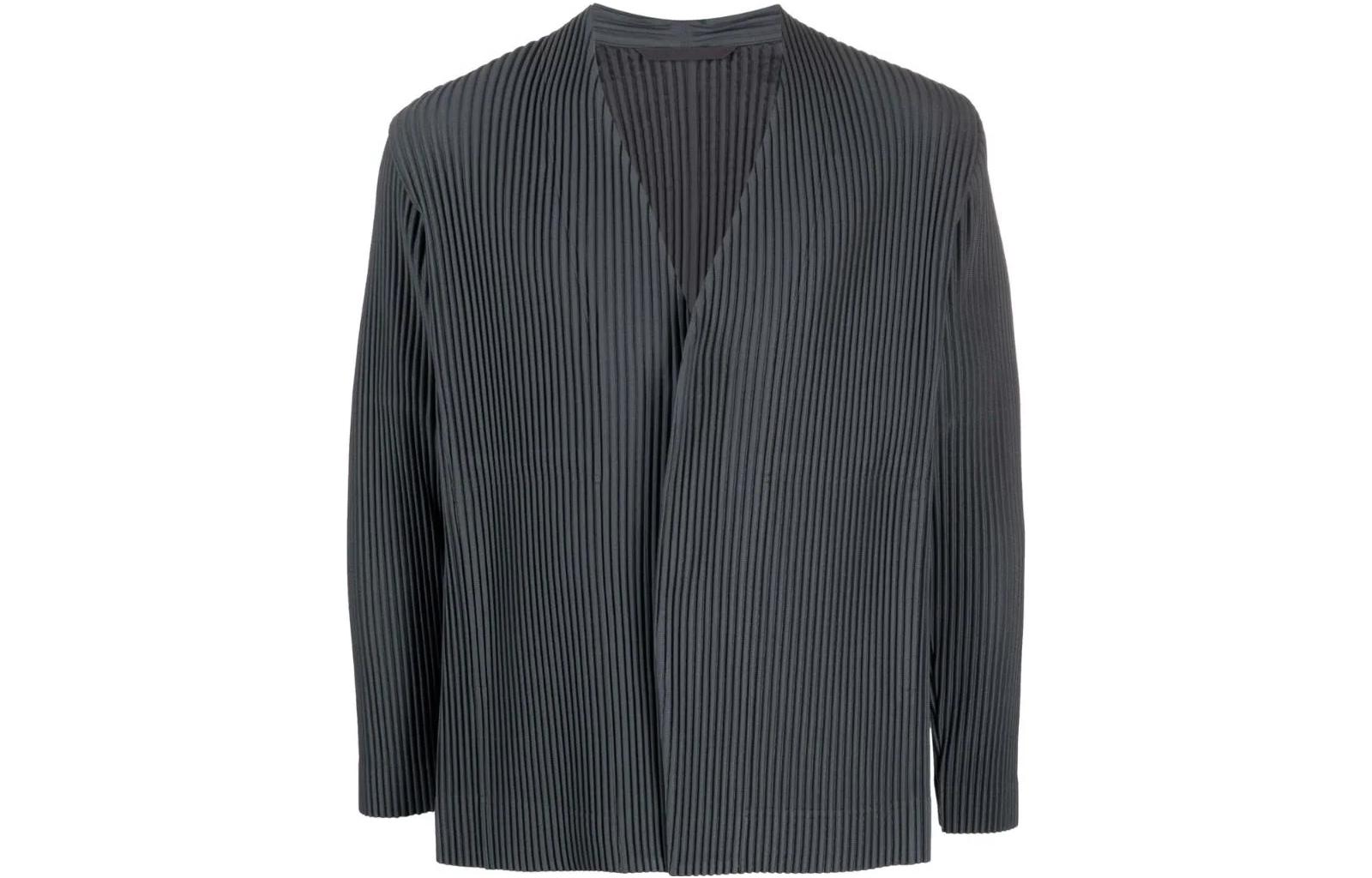 HOMME PLISSÉ ISSEY MIYAKE FW22 Black Solid Pleated V-Neck Jacket for Men HP18JD15014