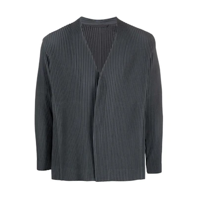 HOMME PLISSÉ ISSEY MIYAKE FW22 Black Solid Pleated V-Neck Jacket for Men HP18JD15014