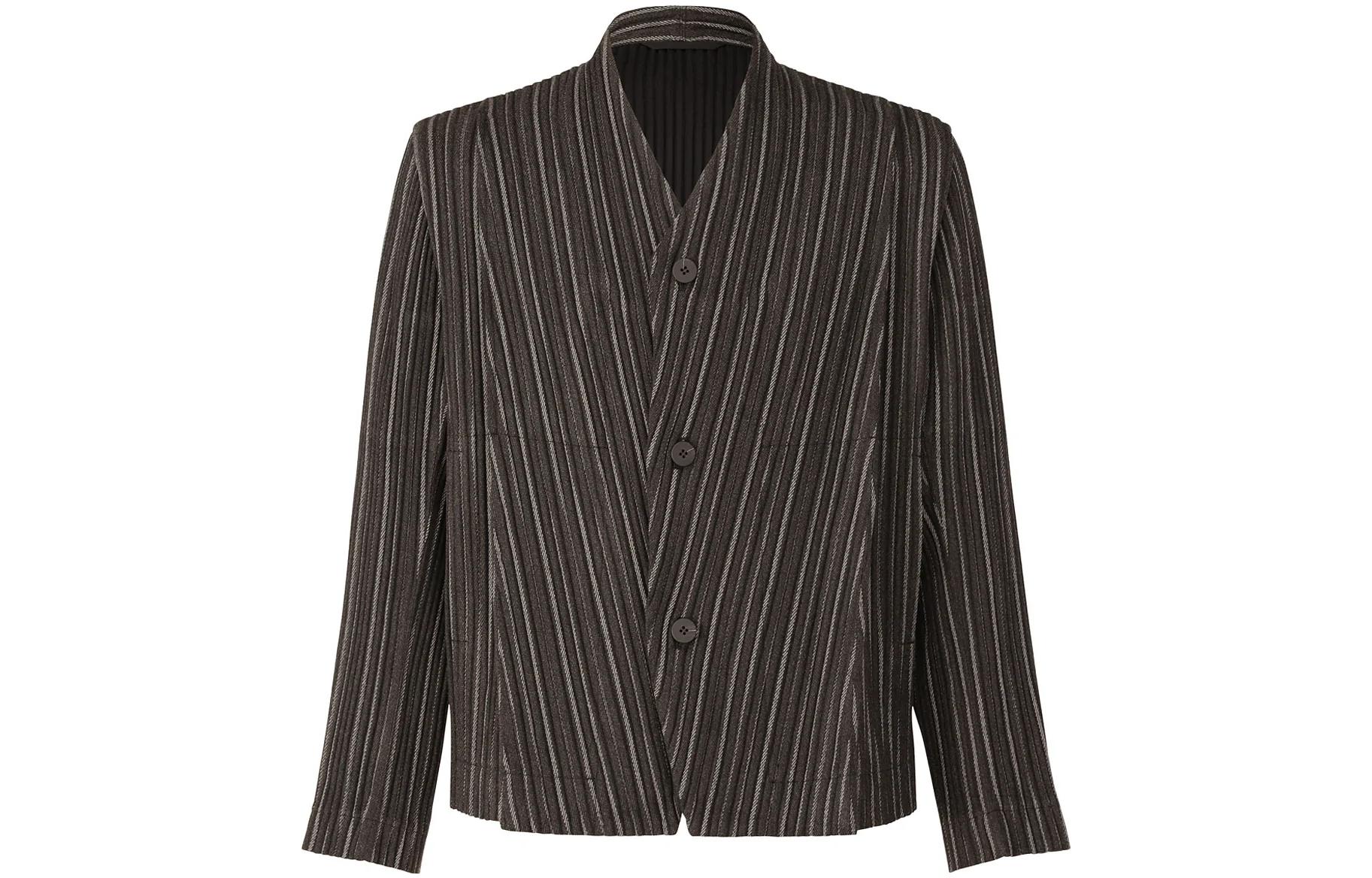 HOMME PLISSÉ ISSEY MIYAKE FW22 Herringbone Striped Pleated Jacket Black HP28FD305-18