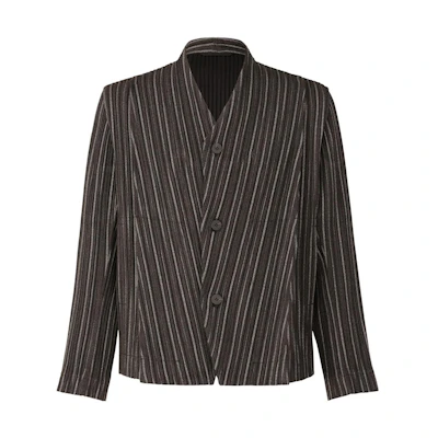 HOMME PLISSÉ ISSEY MIYAKE FW22 Herringbone Striped Pleated Jacket Black HP28FD305-18