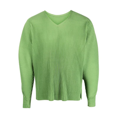 HOMME PLISSÉ ISSEY MIYAKE Green Ribbed V-Neck Knit Sweater HP36JK184-63