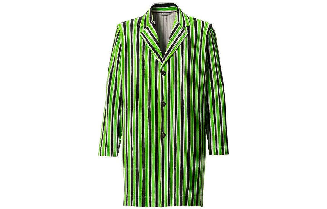 HOMME PLISSÉ ISSEY MIYAKE Green Striped Tailored Long Jacket for Men HP11JD203-62