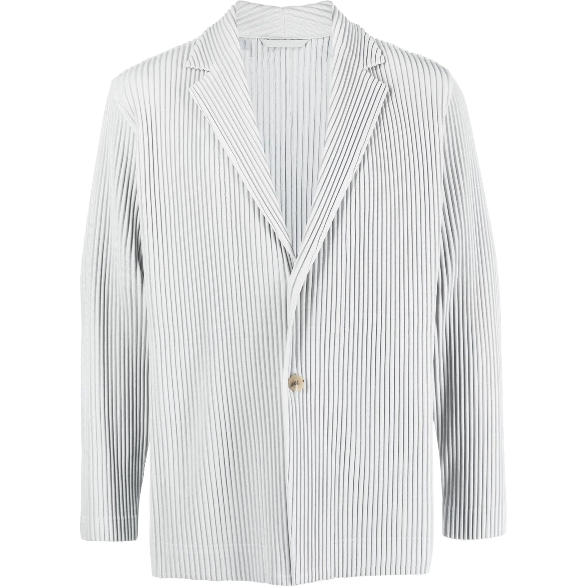 HOMME PLISSÉ ISSEY MIYAKE Pleated Striped Collar Button Jacket Men Light Grey HP47JD401-11