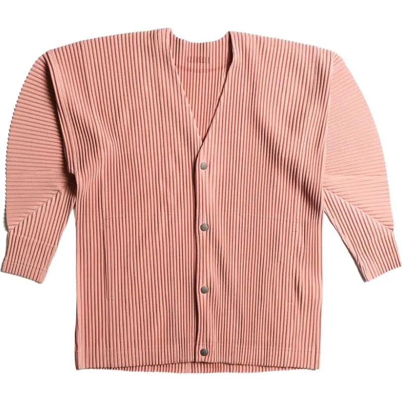 Homme Plissé Issey Miyake Salmon Pink V-Neck Button-Up Knit Cardigan Menswear. HP46JL111-23