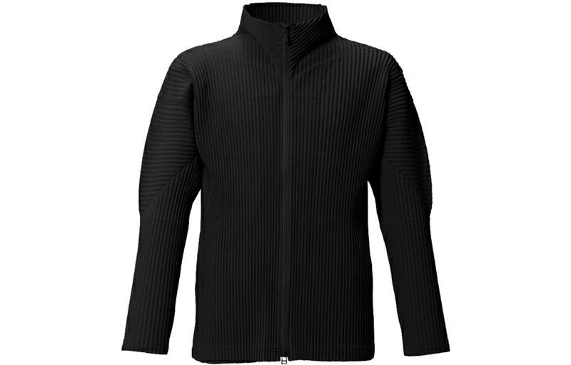 Homme Plissé Issey Miyake SS22 Black Pleated Knit Zip-Up Jacket for Men HP55JL140-15