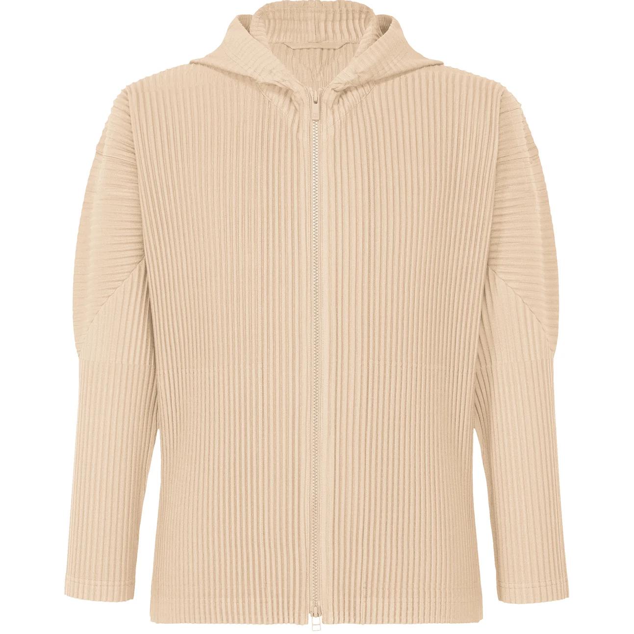 HOMME PLISSÉ ISSEY MIYAKE SS24 Beige Pleated Zip Hoodie Jacket Menswear HP46JL116-45