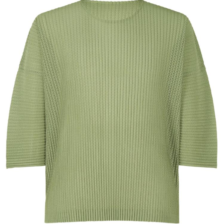 Order Homme Plissé Issey Miyake SS24 綠色純色3/4袖男士套頭T恤 HP46JK191-62