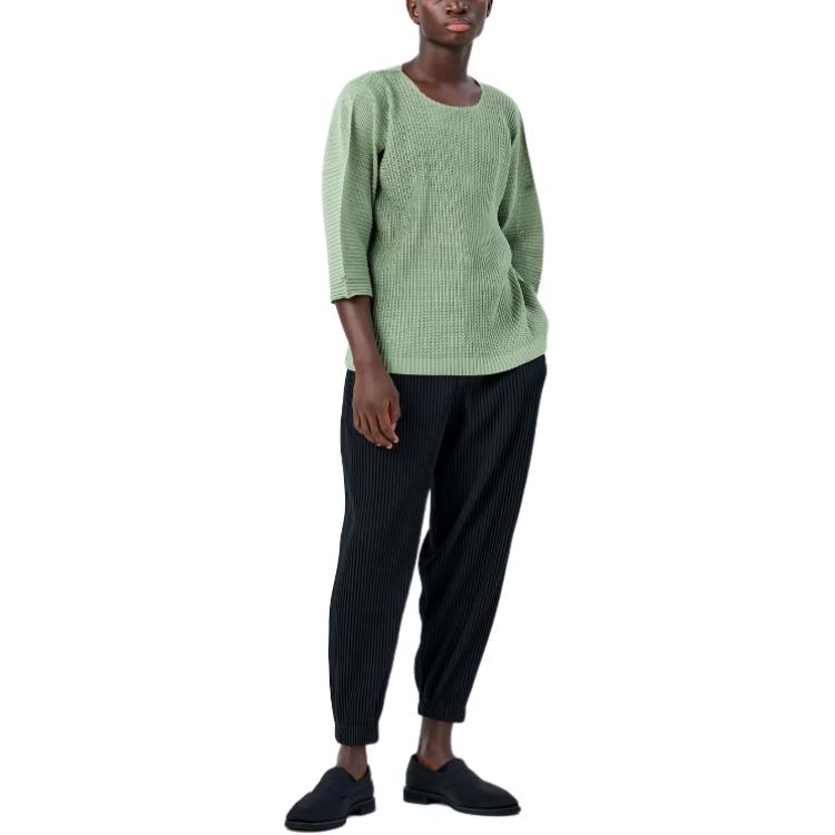 Sizing Homme Plissé Issey Miyake SS24 綠色純色3/4袖男士套頭T恤 HP46JK191-62