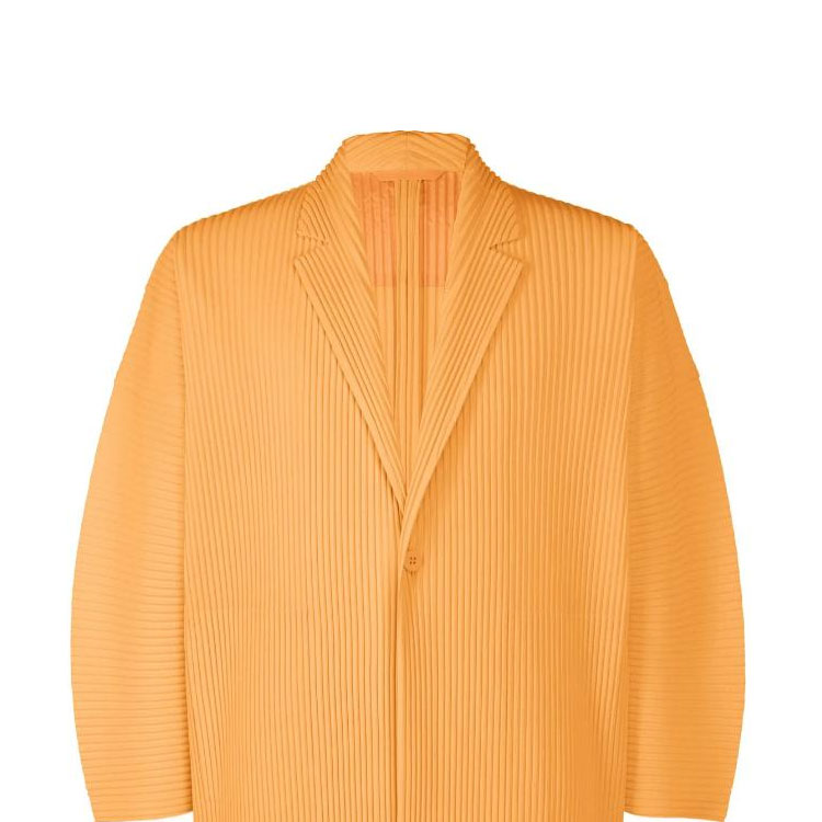 Lookbook 옴므 플리세 이세이 미야케 SS24 플리츠 버튼 루즈 자켓 멜론 오렌지 남성용. HP46JL126-33