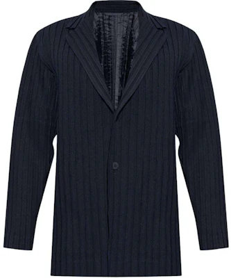 옴므 플리세 이세이 미야케 SS24 주름 브이넥 버튼 재킷 네이비 블루 남성용 HP46FD250-SEAMILITARYBLUE Buy 옴므 플리세 이세이 미야케 SS24 주름 브이넥 버튼 재킷 네이비 블루 남성용 HP46FD250-SEAMILITARYBLUE