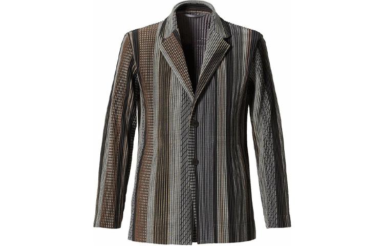 Homme Plissé Issey Miyake Striped Slim Fit Long Sleeve Blazer Brown . HP13JD180-42