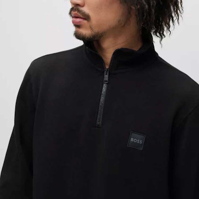 HUGO BOSS Black Half-Zip Pullover Sweatshirt with Logo Patch. 50468926-001 Sizing HUGO BOSS Black Half-Zip Pullover Sweatshirt with Logo Patch. 50468926-001