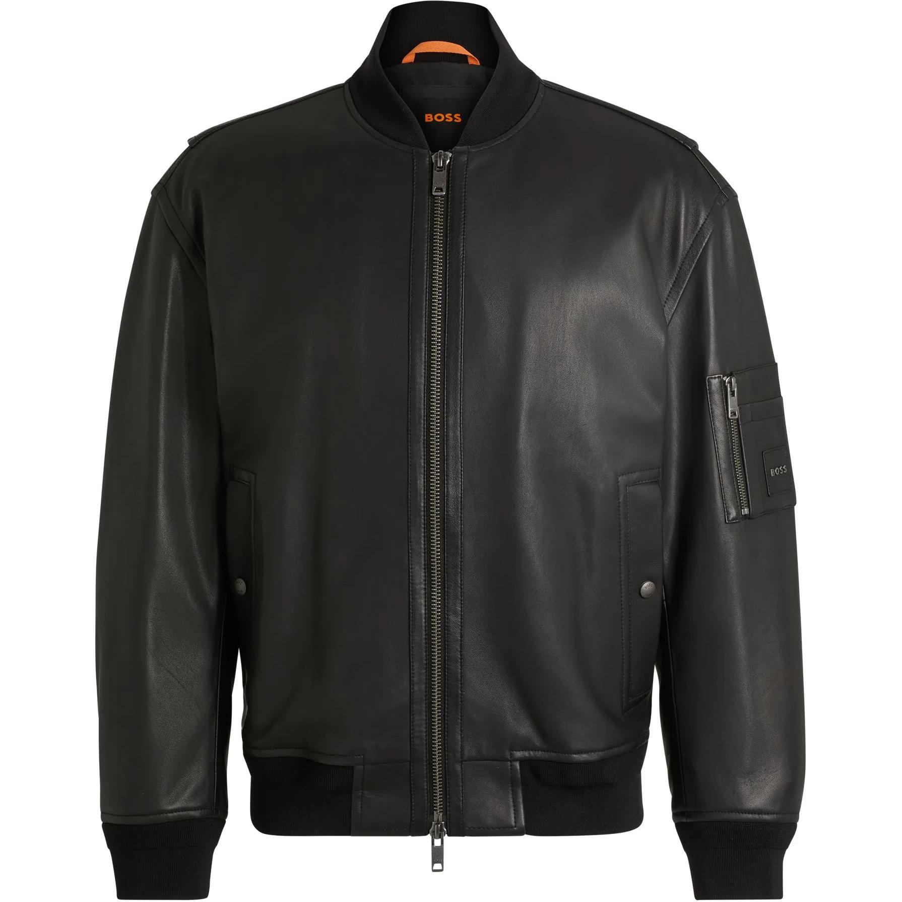Order HUGO BOSS  Black Leather Jacket with Dual Zipper and Loose Fit. 50522223-001