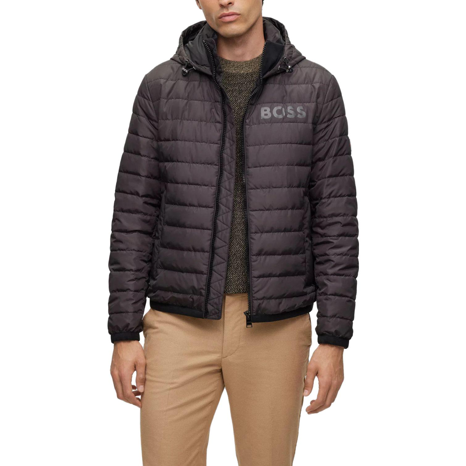 Shop HUGO BOSS 黑色純色全拉鏈連帽外套夹克 50510181-001