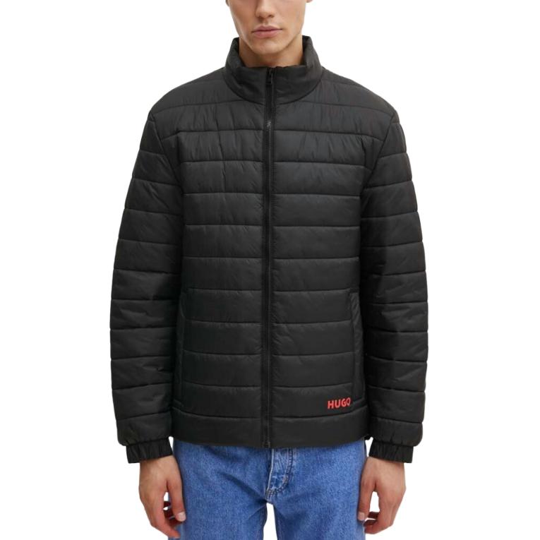 Shop HUGO BOSS  Black Solid Logo Embroidered Stand Collar Jacket. 50517753-001