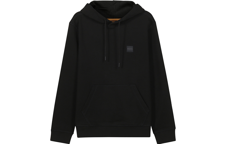 HUGO BOSS  Black Solid Logo Patch Pullover Hoodie. 50468445-001