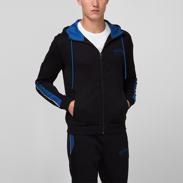 Shop HUGO BOSS 黑色拼色拉鏈長袖連帽外套。 50430548-001