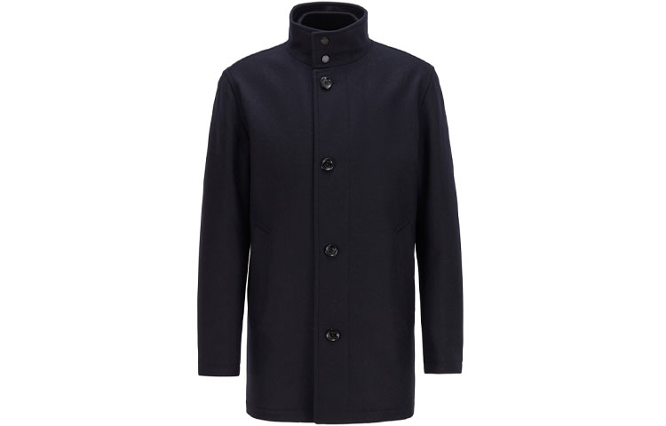 HUGO BOSS  Blue Long Casual Coat with Logo and Stand Collar 50445384-402
