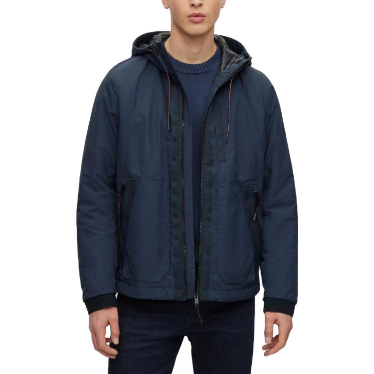 Shop HUGO BOSS 藍色防潑水連帽外套附標誌細節 50483885-404