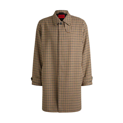 HUGO BOSS Brown Plaid Button-Up Long Coat with Collar. 50518127-209