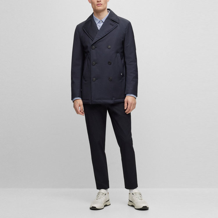 Lookbook HUGO BOSS 雙排扣長大衣 深藍色 50498100-404