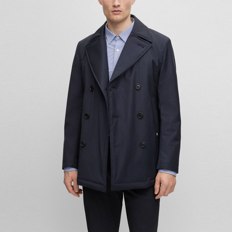 Shop HUGO BOSS 雙排扣長大衣 深藍色 50498100-404