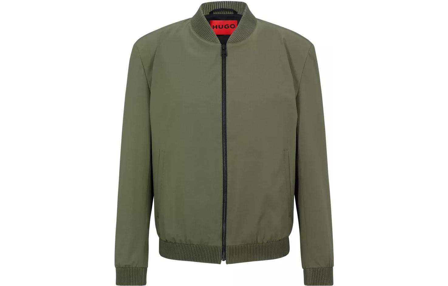 HUGO BOSS  Green Solid Ribbed Hem Zip-Up Long Sleeve Jacket 50488019-251