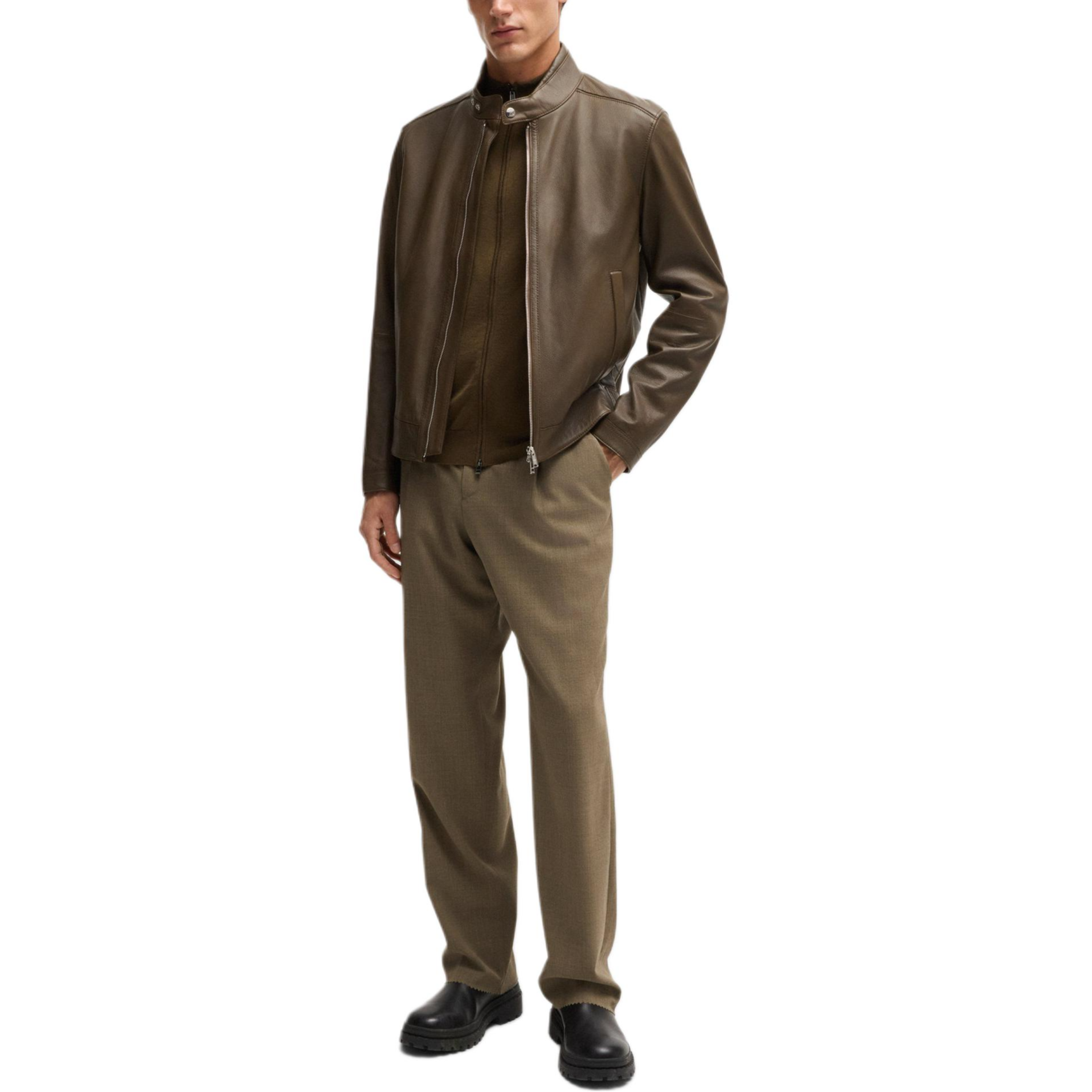 Lookbook HUGO BOSS 淺綠色粒面皮革立領皮衣 50518906-361