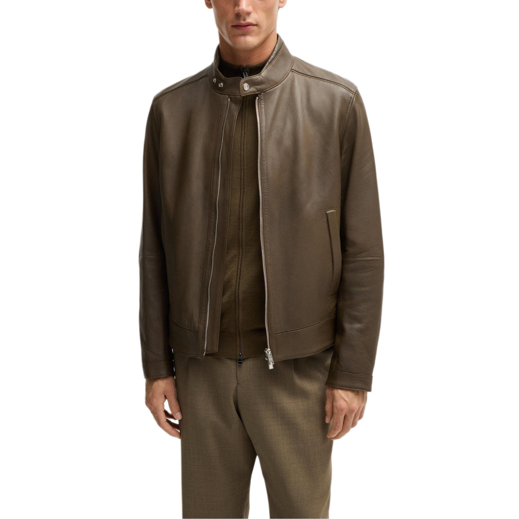 Shop HUGO BOSS 淺綠色粒面皮革立領皮衣 50518906-361