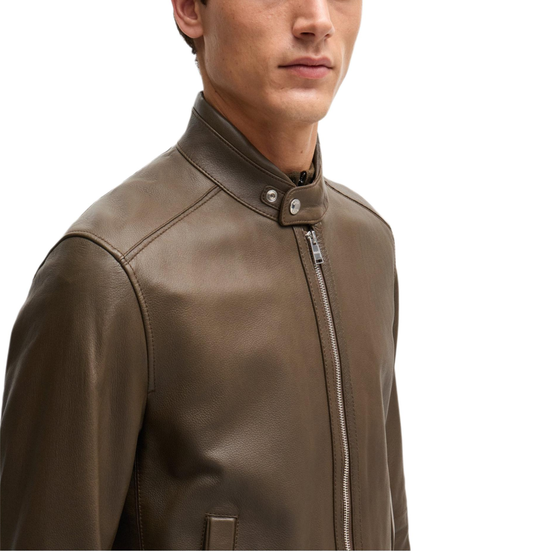 Sizing HUGO BOSS 淺綠色粒面皮革立領皮衣 50518906-361