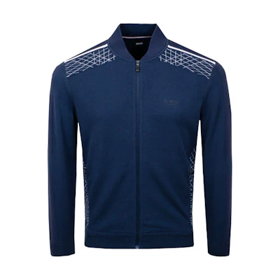 HUGO BOSS Navy Blue Geometric Pattern Knit Sweater. 50427756-410