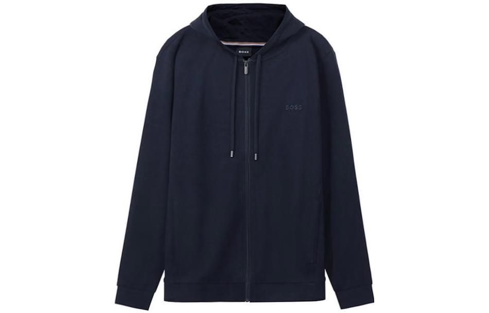 HUGO BOSS  Navy Blue Plain Embroidered Logo Zip-Up Hoodie. 50480684-406
