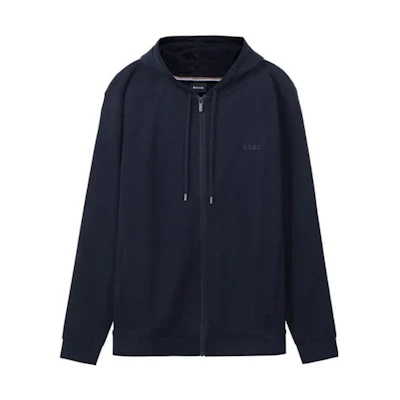 HUGO BOSS Navy Blue Plain Embroidered Logo Zip-Up Hoodie. 50480684-406